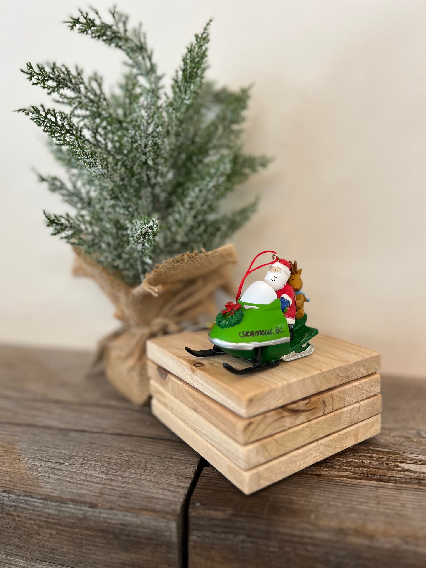 "Santa Snowmobiling with Friend" Christmas Ornament