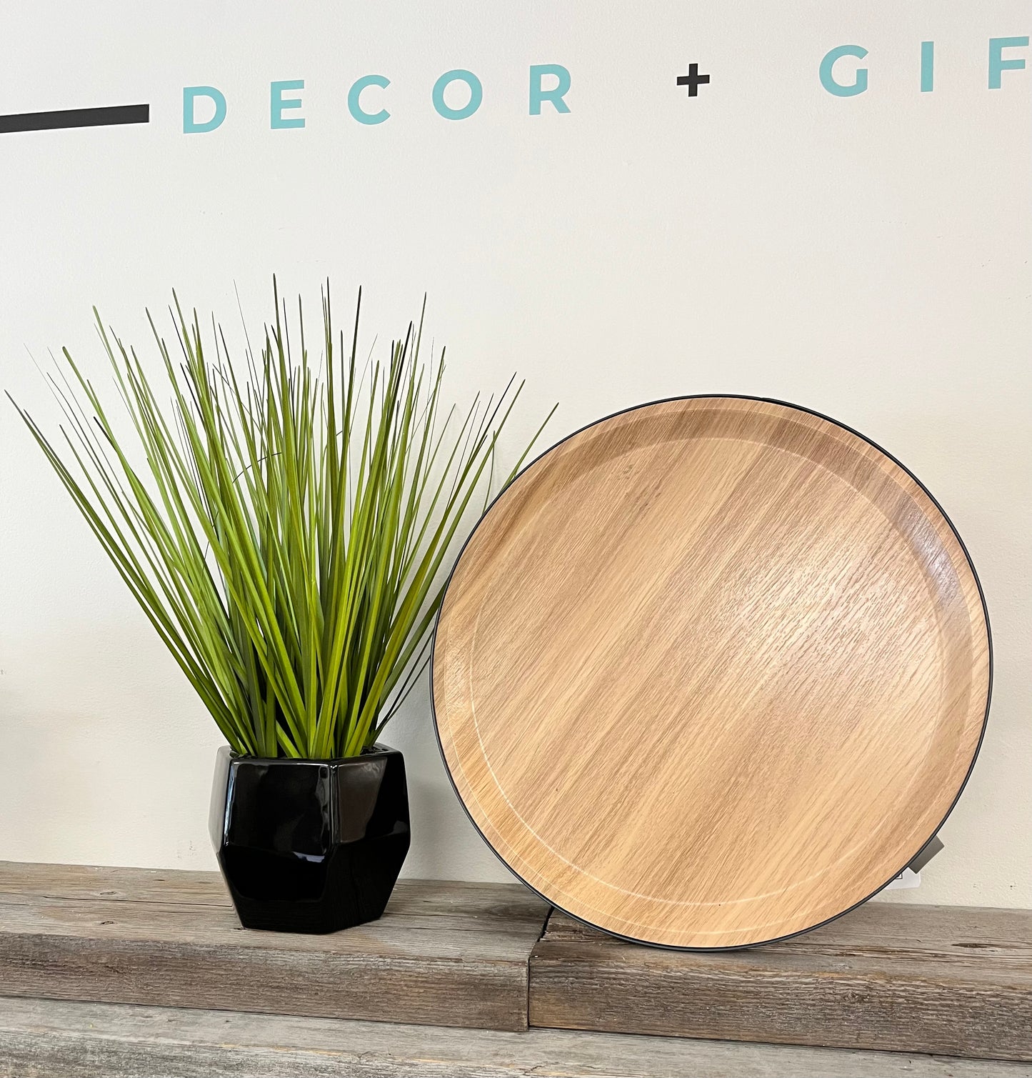 Wood-like Decorative Tray on Metal Stand