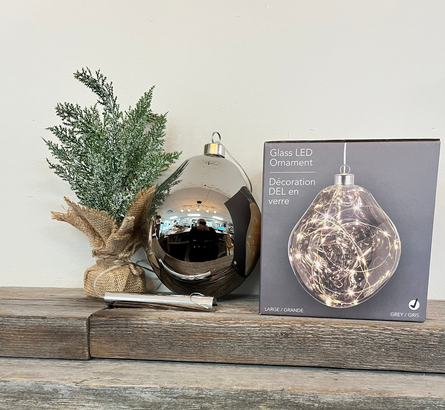 Glass LED Hanging Grey Ball Ornament 6”