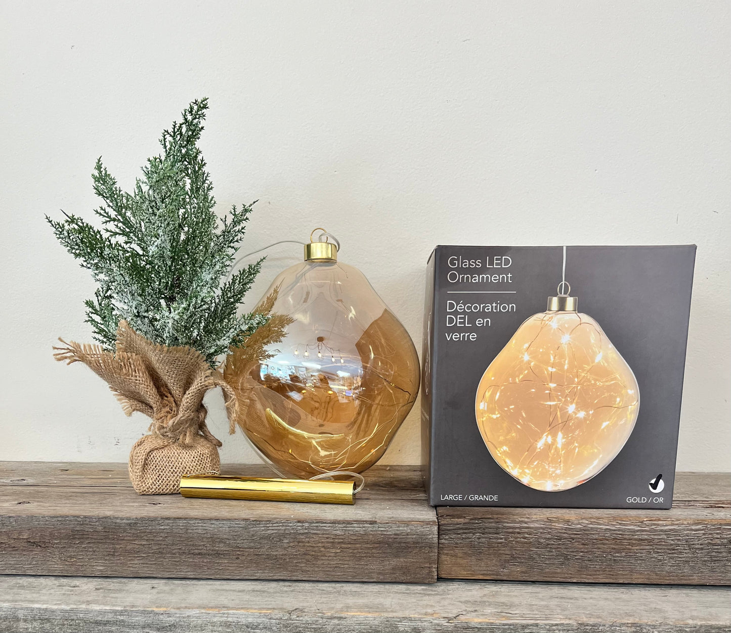 Glass LED Hanging Ornament Gold Large