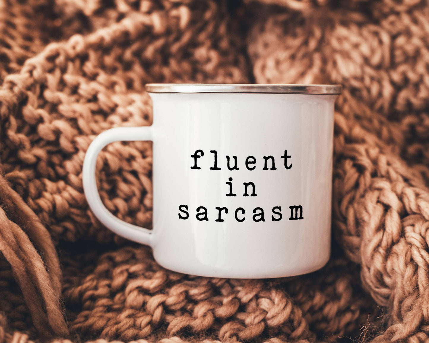 “Fluent in Sarcasm” Enamel Mug