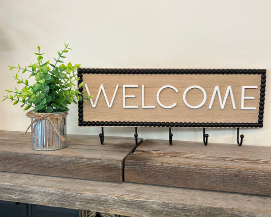 “Welcome” Wood Sign with Hooks