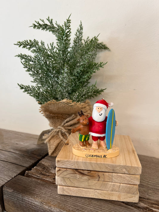 “Surfboard/Reindeer” Santa Ornament