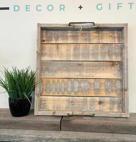 Wooden Tray Large Square Metal Handles