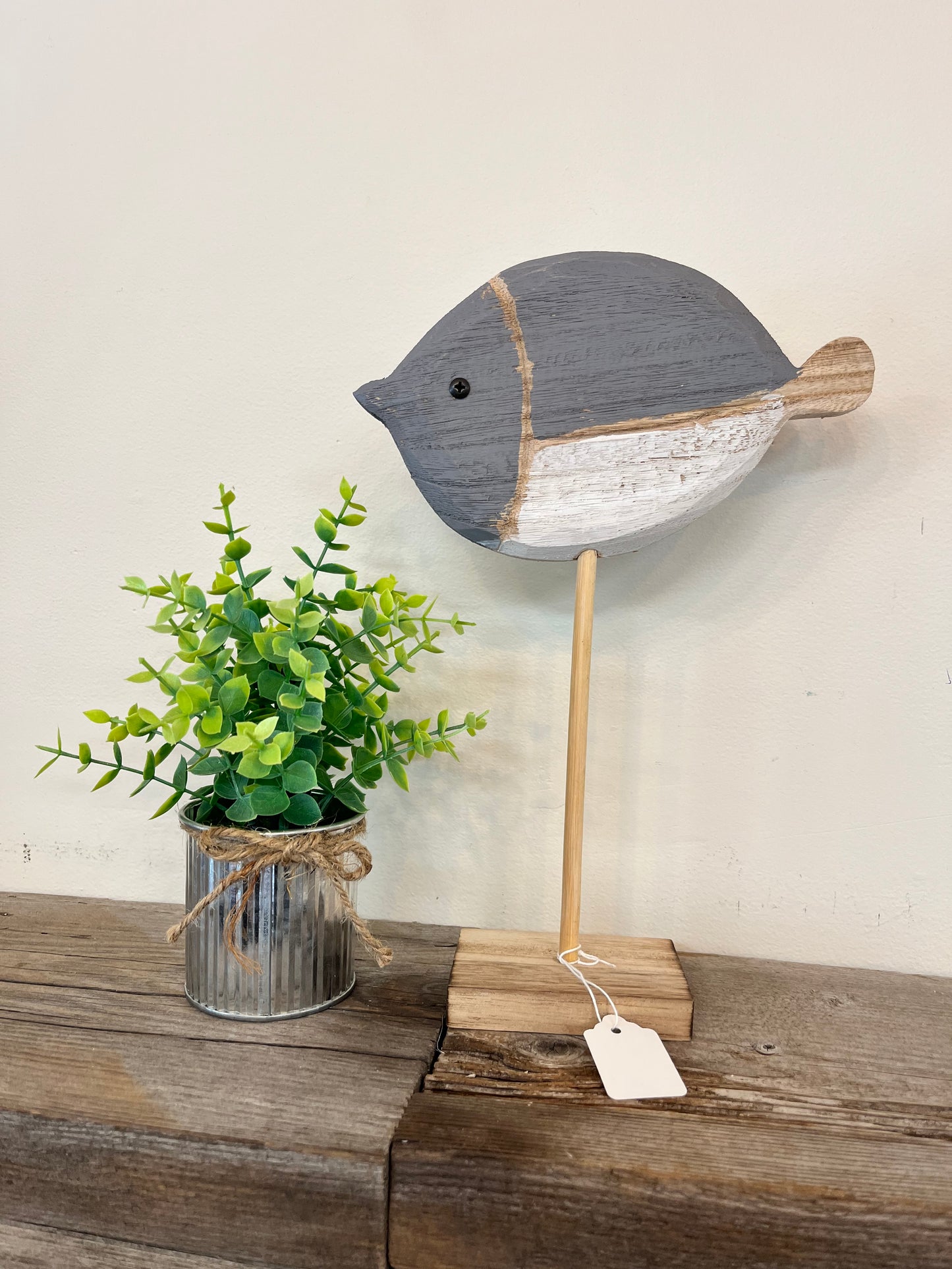 Wooden Fish on wood stand (blue/white)