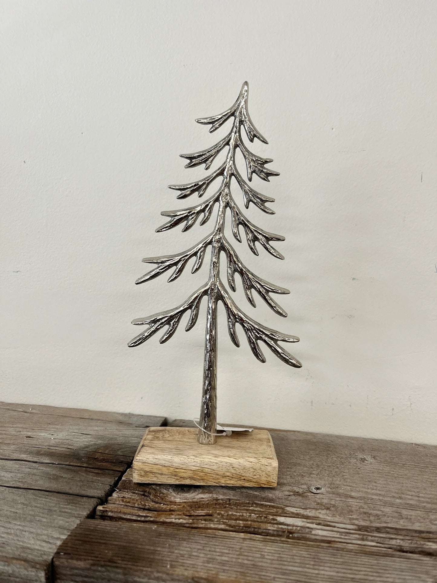 Silver Metal Christmas Tree on Wood Stand