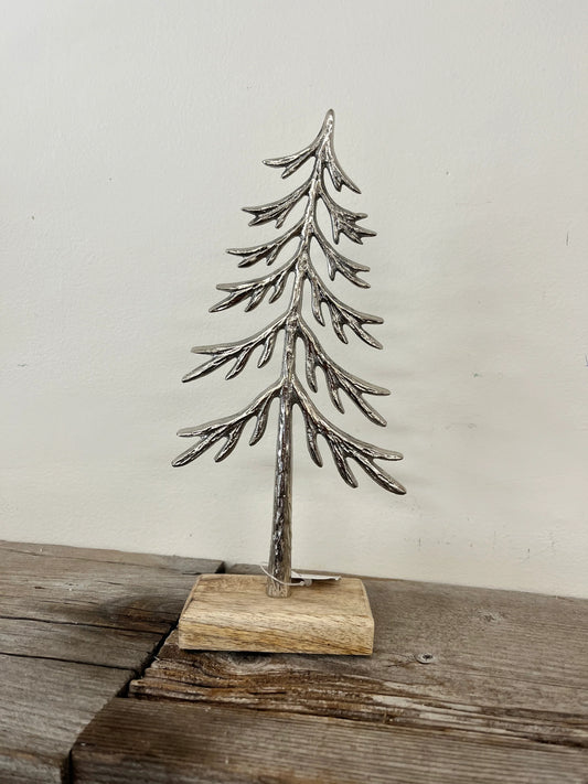 Silver Metal Christmas Tree on Wood Stand