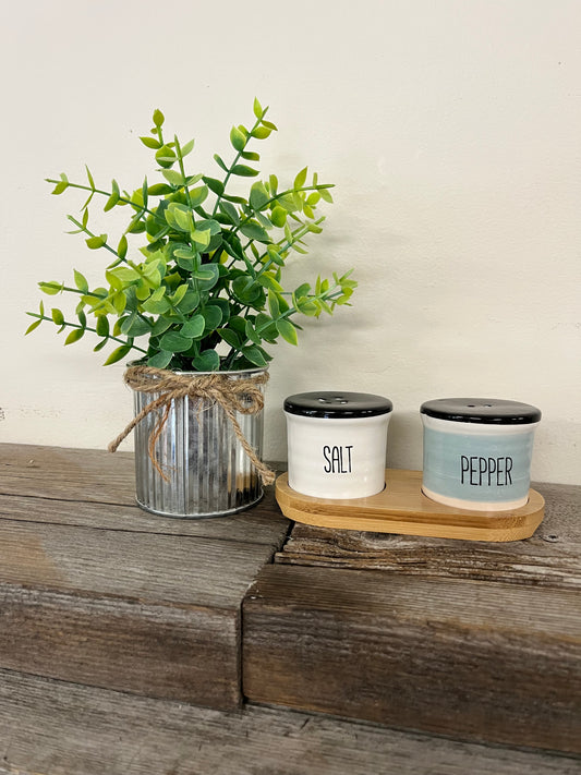 Salt & Pepper Shakers on Wood Tray