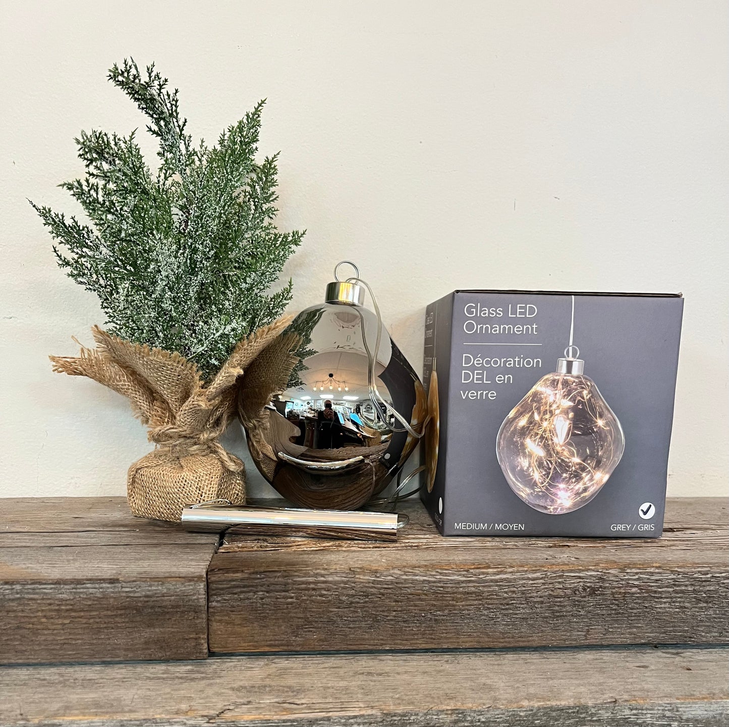 Glass LED Hanging Ornament Grey Medium