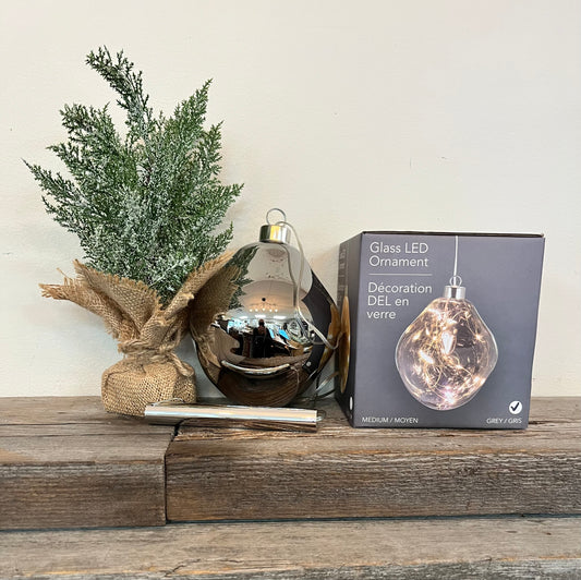 Glass LED Hanging Grey Ball Ornament 5”