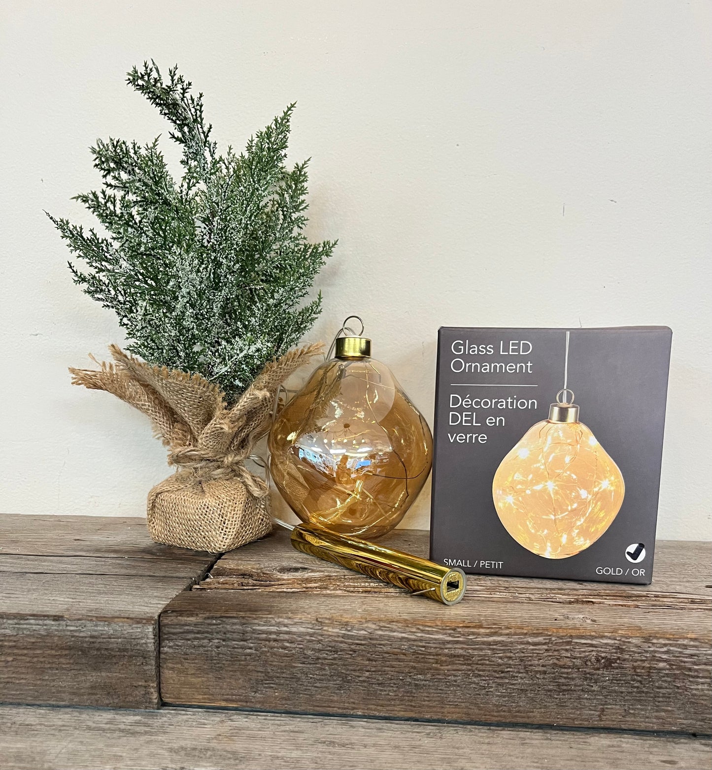 Glass LED Hanging Gold Ball Ornament 4”