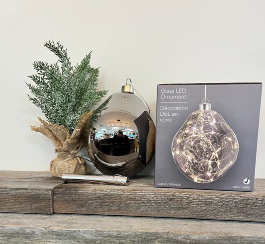 Glass LED Hanging Grey Ball Ornament 6”