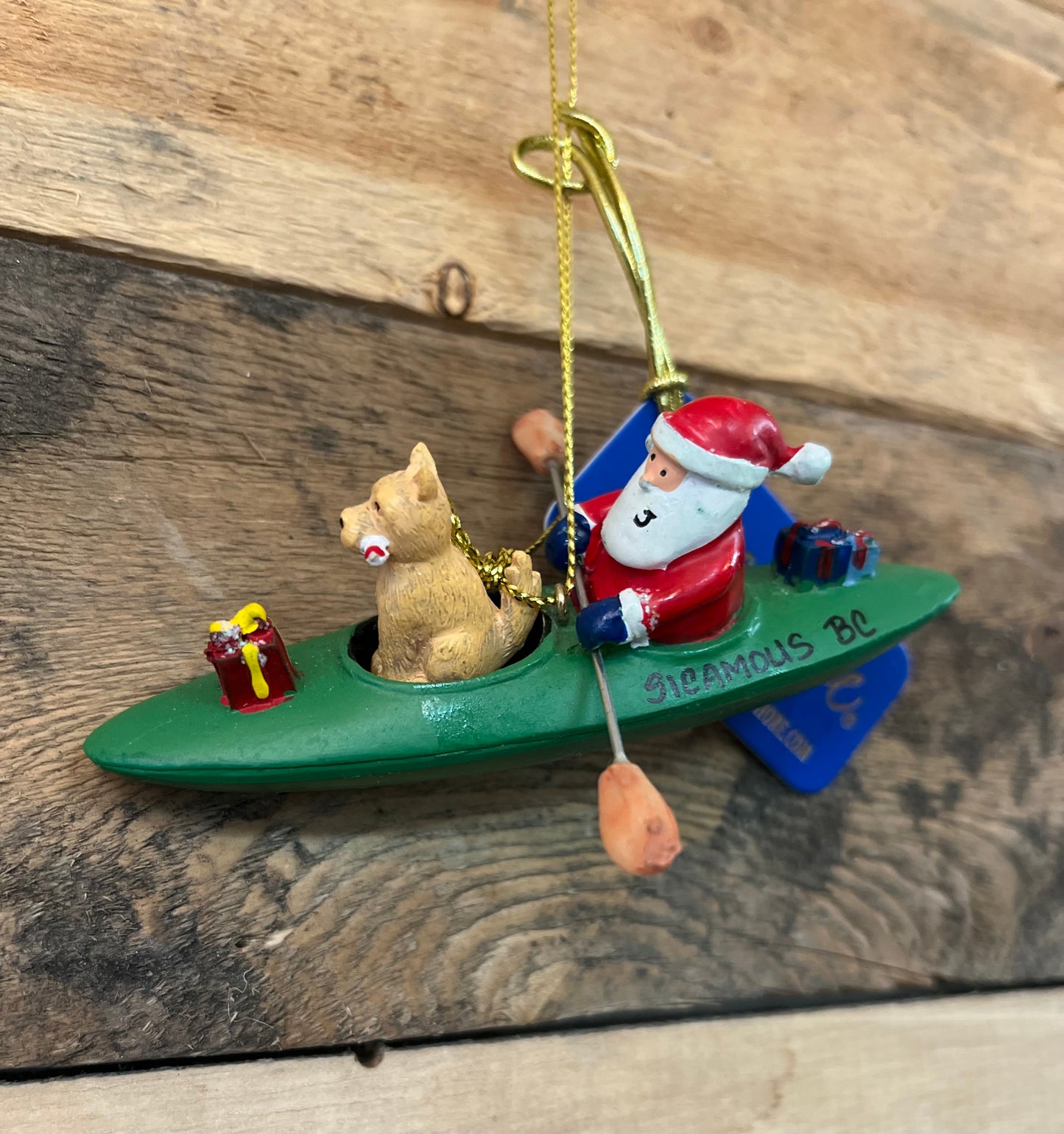"Green Kayak Santa/Dog” Christmas Ornament