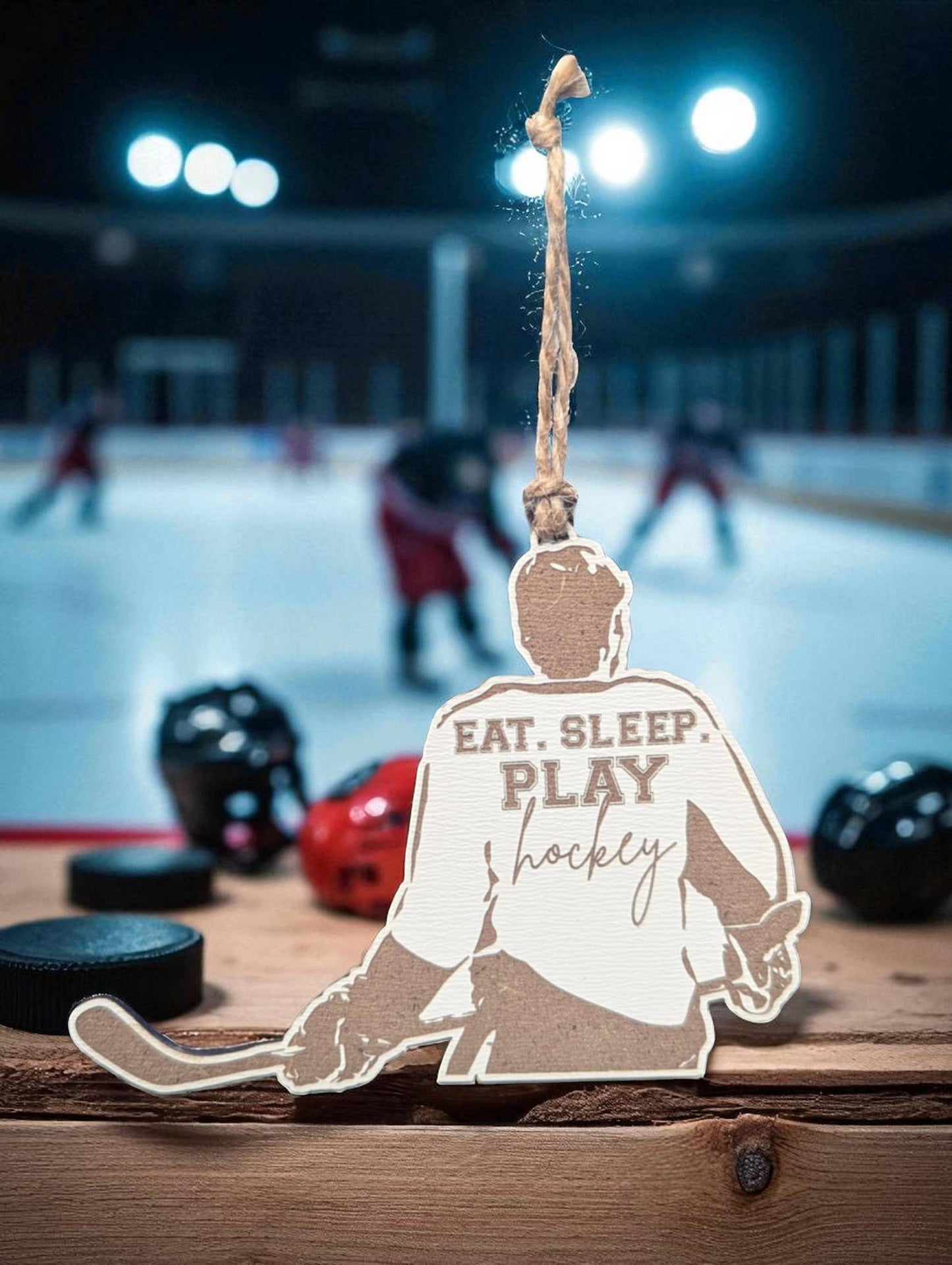 "Eat Sleep Hockey” Laser Cut Wood Ornament