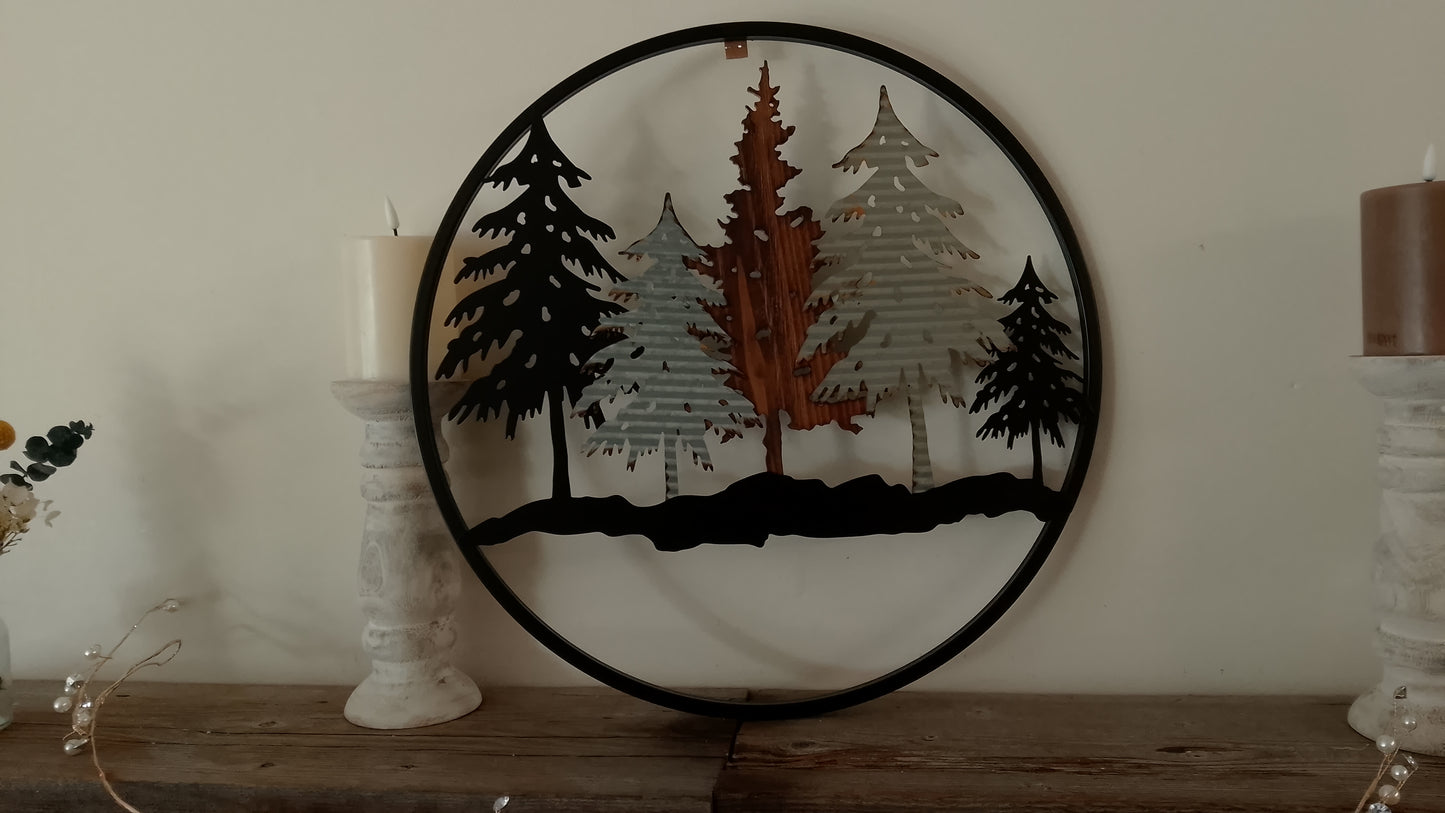 Wood and metal round wall hanging